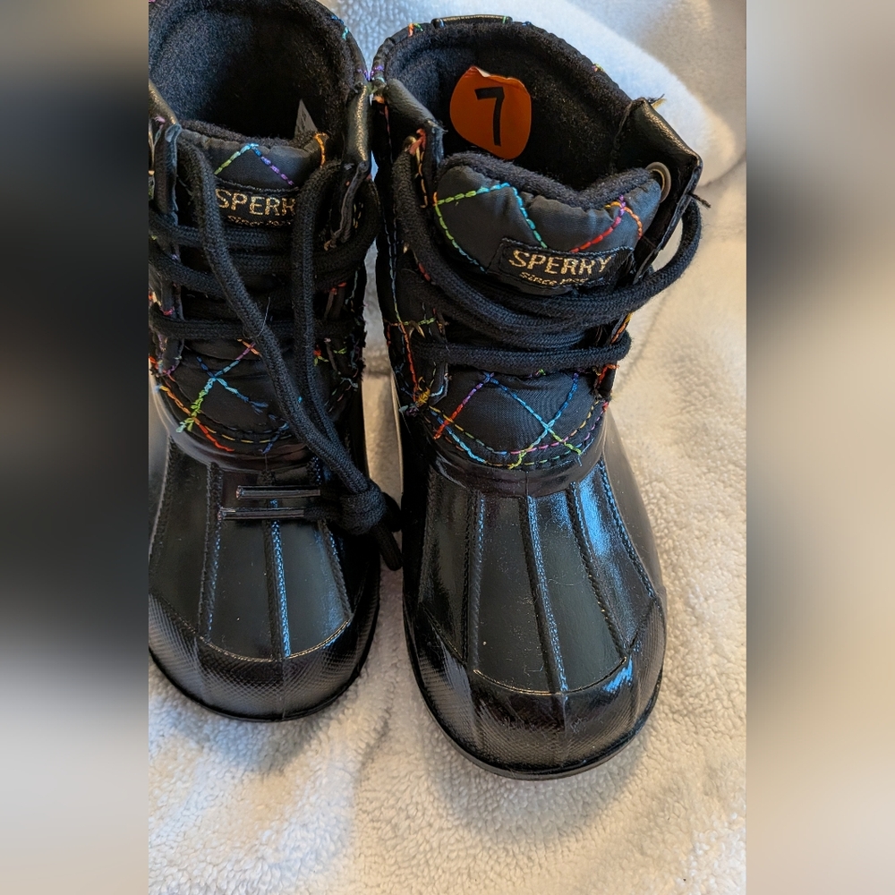 Sperry Kids Black Duck Boots with Multicolor Stitching